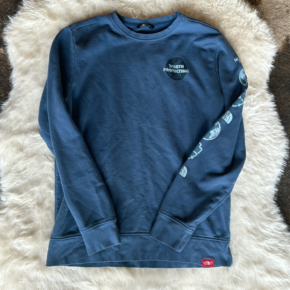 North face “worth protecting” blue pullover sweatshirt